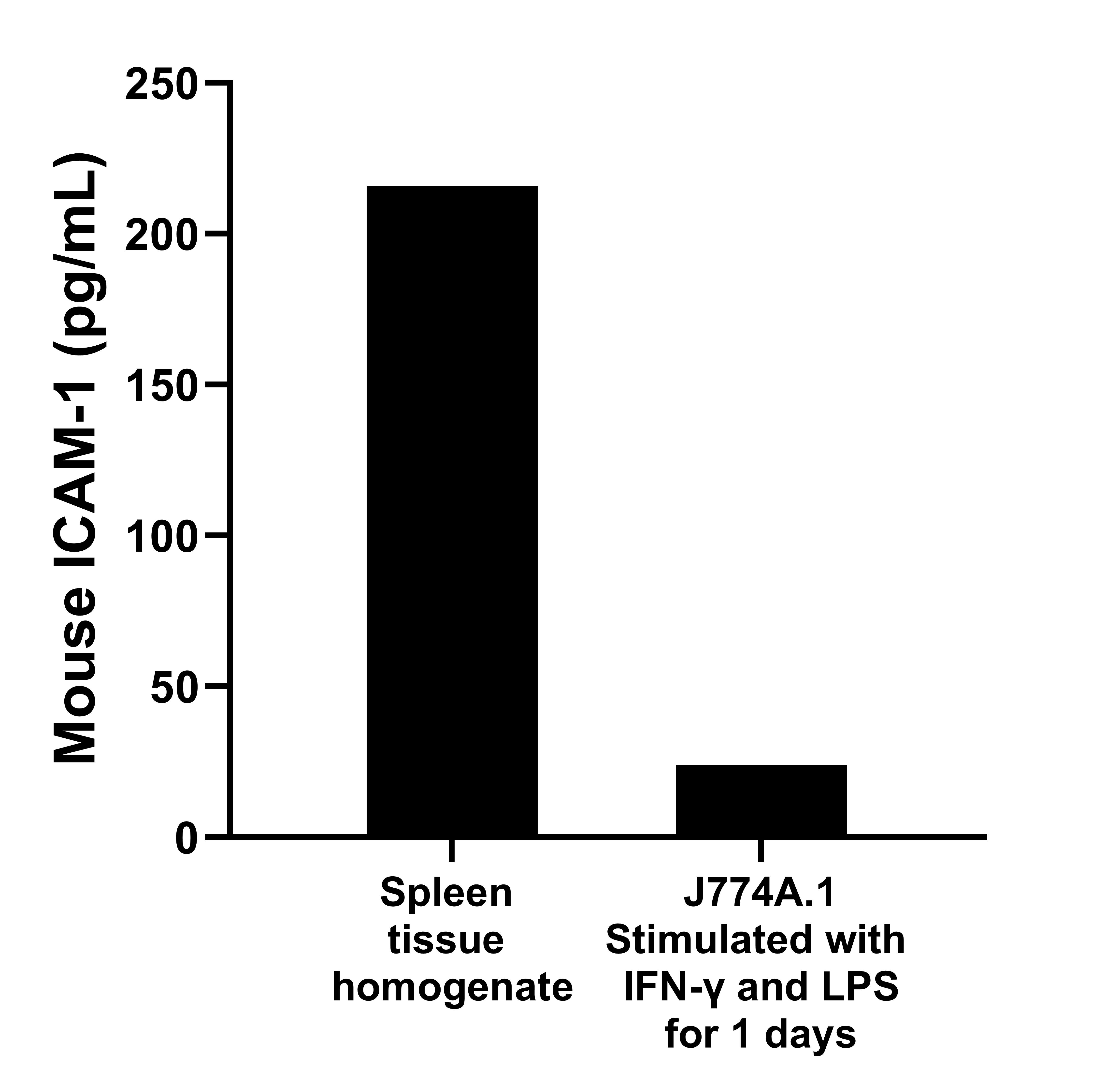 Mouse spleen tissue homogenate was measured. The mouse ICAM-1 concentration of detected samples was determined to be 215.8 pg/mL.
For the J774A.1 supernatant cultured for 1 days, the mean mouse ICAM-1 concentration was determined to be  215.8 pg/mL in IFN-γ and LPS stimulated J774A.1 supernatant. 

